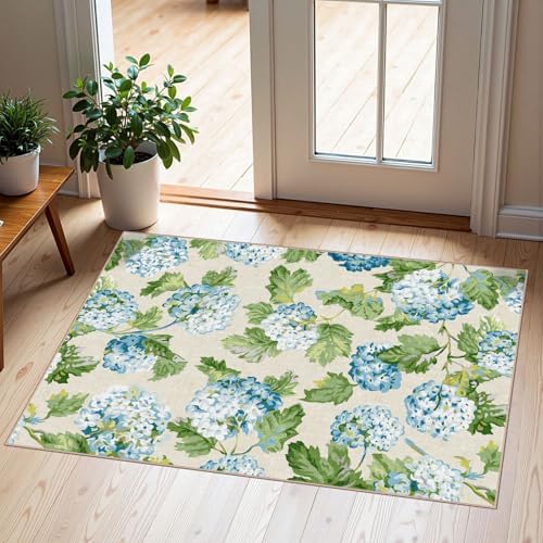 Front Door Mat Indoor Outside Entrance 2x3 Blue Hydrangea Entry Rug by Othilic