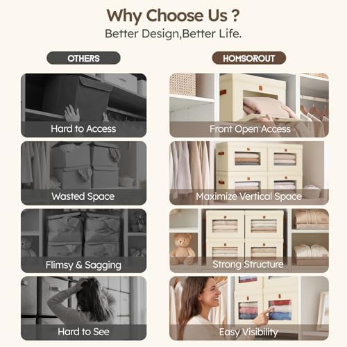 Homsorout Storage Bins with Lids - Front Opening Storage Box with Clear Window & Handles, Stackable Foldable Fabric Bins for Closet Organization, Clothes, Sweaters, Towels, Blankets, 3 Pack, Beige - Image 7