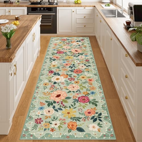 DUKINO 3x10 Runner Rug, Floral Washable Kitchen Runner Rug Non Slip, Green - Image 3