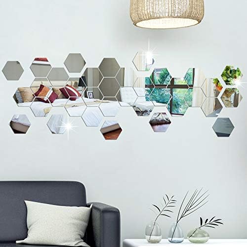 RW-103 36 PCS Acrylic Mirror Wall Stickers Hexagon Mirror Wall Decals DIY Removable 3D Geometric Hexagon Mirror Art Setting Wall Decor for Bedroom Living Room Office Kitchen Home Decoration (Silver) - Image 7