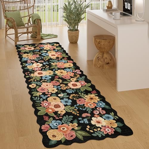DUKINO 2.6x8 Runner Rug, Floral Washable Kitchen Rugs Non Slip, Black - Image 3