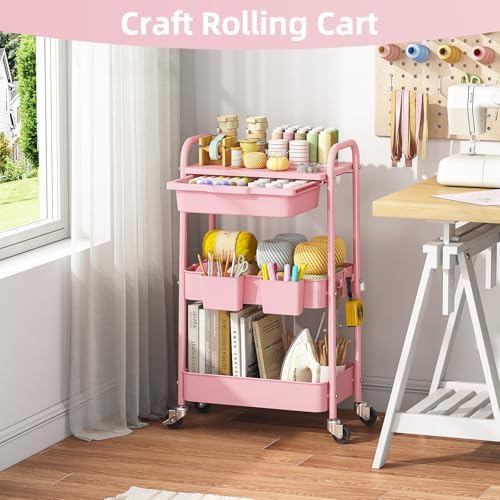 KINGRACK 3 Tier Metal Rolling Cart with Drawer, Pink Utility Storage Cart | 2 Cups & 4 Hooks, Lockable Wheels, Trolley Organizer for Bathroom, Kitchen, Office, Nursery, Dorm, Laundry, Craft Room - Image 7