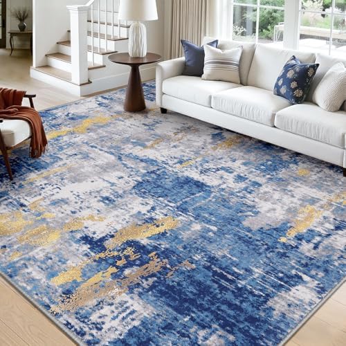 RELEANY Washable 7'x10' Abstract Area Rug for Living Room Blue Gold - Image 2