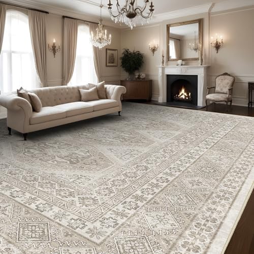 10x14 Area Rug Washable Vintage: Non Slip Living Room Large Rugs Beige - Image 2