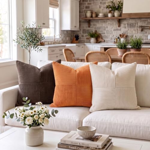 Fancy Homi 2 Packs Burnt Orange Decorative Throw Pillow Covers 22x22 Inch for Living Room Couch Bed, Rustic Farmhouse Boho Home Decor, Soft Corss Corduroy Patchwork Accent Square Cushion Case 55x55 cm - Image 2