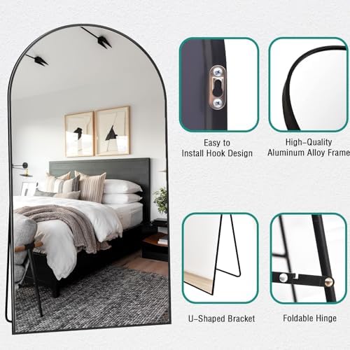 81''x41'' Oversized Full Length Mirrors, Arched Floor Mirror with Stand, Full Body Large Standing Mirror/Leaning/Hanging Wall Mounted for Living Room, Bedroom, Black - Image 4