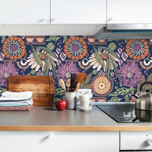 HAOKHOME Renter Friendly Peel and Stick Wallpaper Purple 17.3in x 32.8ft | Removable Self Adhesive Vinyl Navy Terracotta Boho Retro Floral Moody Textured Wall Paper for Bedroom Bathroom Accent Decor - Image 4