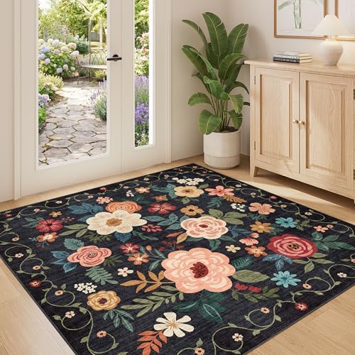 DUKINO 4x4 Square Area Rug, Soft Floral Washable Rug for Entryway, Black by DUKINO