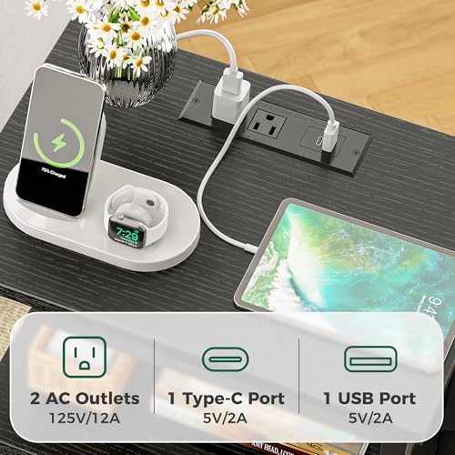 Huuger Nightstand with Charging Station, Side Table with Fabric Drawers - Image 4