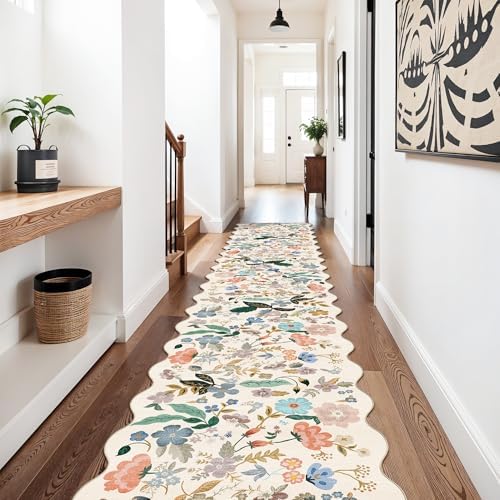 Hallway Floral 2'6x14 Runner Rugs: Washable Scalloped Soft Carpet with Non-Slip Backing for Entryway Kitchen Stain-Resistant Bedroom Floor Mat – Gifts for Newlyweds/Household Home Dcor (2'6x14,Cream) - Image 2