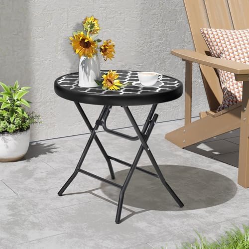 Foldable Side Table with Tempered Glass Top, Black & White by PATIOHIT