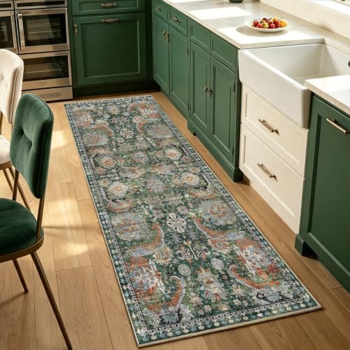 RUGSURE Washable Area Rugs - Perfect for Living Room, Bedroom, Kids Room, Nursery - Stain & Water Resistant Non-Slip, Pet & Child Friendly, Vintage Tribal Area Rugs (Green, 2'6'' x 8') - Image 3