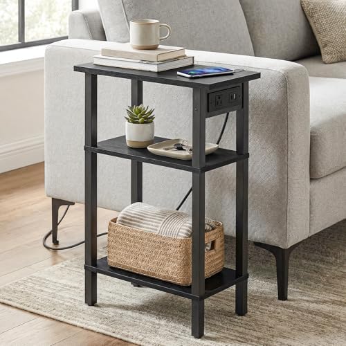 HOOBRO Narrow Side Table, 3-Tier Slim End Table with Charging Station, Skinny Nightstand with Open Storage, for Small Spaces, Living Room, Bedroom, Study, Rustic Brown and Black BB340UBZ01 - Image 5