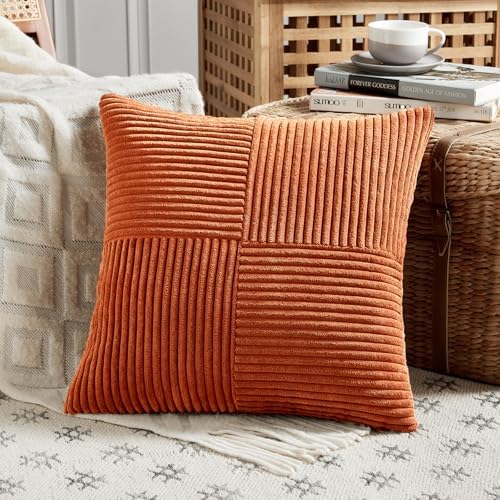 Fancy Homi Set of 2 Burnt Orange Samll Decorative Throw Pillow Covers 14x14 Inch for Living Room Couch Bed, Boho Farmhouse Fall Home Decor, Soft Corss Corduroy Patchwork Textured Cushion Case 35x35cm - Image 2