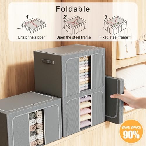 Clothes Storage Bins with Metal Frame, Foldable Clothes Organizers Storage Containers for Clothes, Sheets, Blankets, Pillows and Towels (24L, 3 Pack, Deep Grey) - Image 4