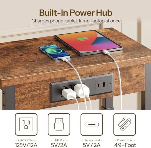 HOOBRO End Table with Charging Station, Adjustable Height Small Side Table - Image 4