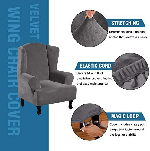 H.VERSAILTEX Wingback Chair Covers Velvet Plush Wing Chair Slipcover 1 Piece High Stretch Wing Back Chair Slipcovers Sofa Cover Furniture Cover with Elastic Bottom, Grey - Image 2