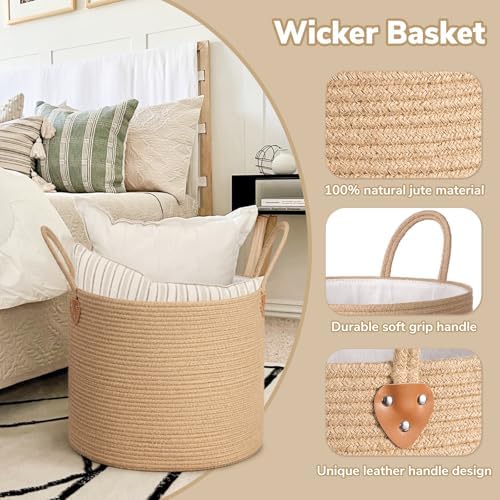 CHICVITA 50L Blanket Basket Living Room, Wicker Laundry Baskets for Home Decor, Baby Toy Basket with Handles, Large Nursery Hamper for Blankets Towels Clothes, 16" X 16" X 14", Jute Brown - Image 7