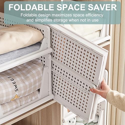 Goderewild Stackable Foldable Storage Baskets, Folding Storage Bins, Closet Organizers and Plastic Drawer Shelf Storage Container for Wardrobe, Cupboard, Kitchen, Bathroom, Office (White, 4S) - Image 6