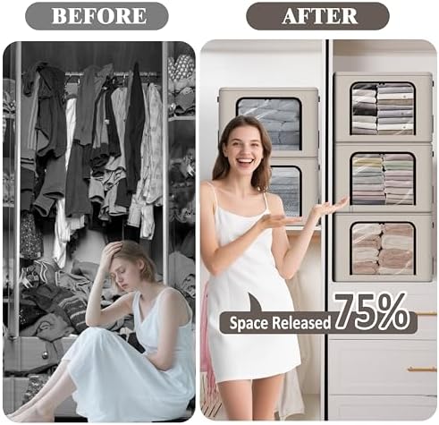GuliPostan 3 Pack 40L Stackable Clothes Storage Bins with Metal Frame Handles & Zipper, Collapsible Closet Organizer Box with Lid for Bedding Blankets Towel (Light Grey) - Image 6
