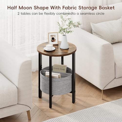 Vagusicc Small Round Side Table, Accent End Table with Storage Basket, Set of 2 Half Round Coffee Table End Table, Half Moon Bedside Table, Modern Nightstand Couch Table for Living Room Bedroom, Brown - Image 5