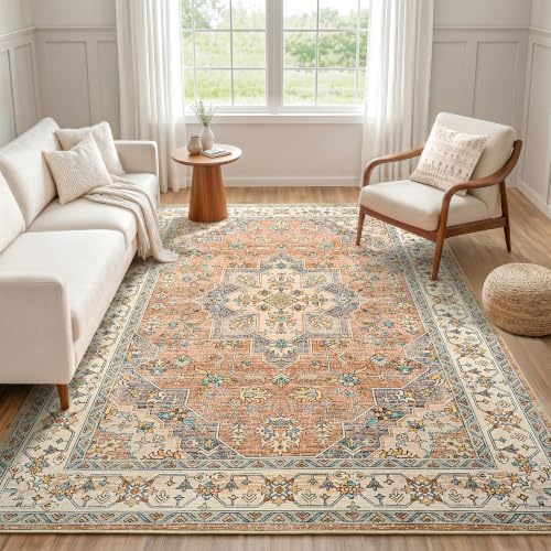 Hanples 5x7 Area Rugs for Living Room, Washable Rug Vintage Floral, Camel by Hanples