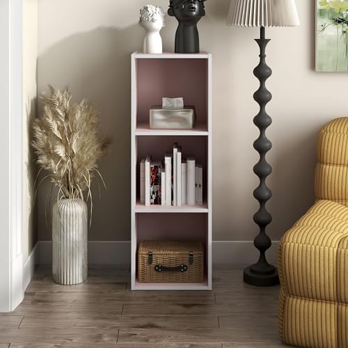 Homes: Inside + Out Apexa 3-Cube Storage Organizer Shelves, Stackable Wood Bookcase Fits Cubby Bins for Organization, Dorm Teen Room Decor & Home Office, Light Pink - Image 2