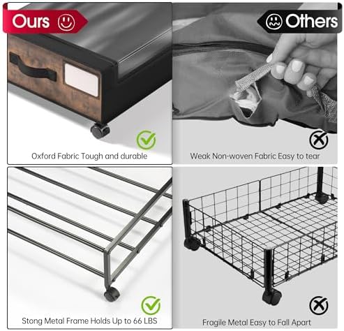 Yecaye Under Bed Storage with Wheels, 4 Pack Under Bed Storage Containers, Underbed Shoe Storage Organizer, Rolling Under Bed Metal Drawers for Clothes, Blankets, Brown - Image 3