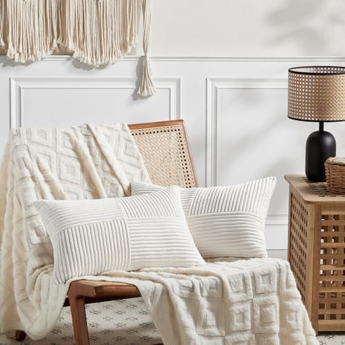 Fancy Homi 2 Packs Cream White Lumbar Decorative Throw Pillow Covers 16x32 Inch for Living Room Couch Bed, Rustic Farmhouse Boho Home Decor, Soft Striped Corduroy Rectangle Accent Cushion Case 40x80cm - Image 6