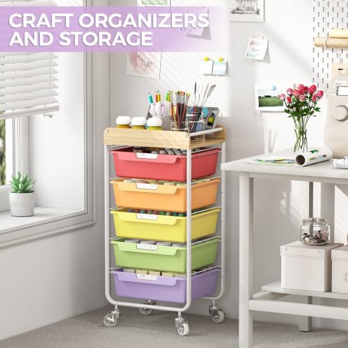 SYKIARIOL Utility Cart with 5 Labeling Drawers and Wooden Tabletop - Image 6