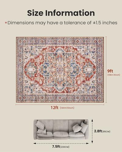 AMADA HOMEFURNISHING 9x12 Washable Area Rug, Low-Profile Large Area Rug with Non-Slip Backing & Durable Edge Binding, Vintage Large Rugs for Living Room, Bedroom & Dinning Room - Image 2
