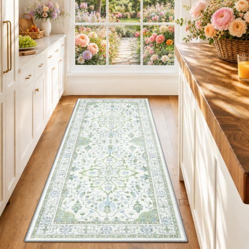 RELEANY Washable Area Rug, Runner 2'x6', Green/White/Blue by RELEANY