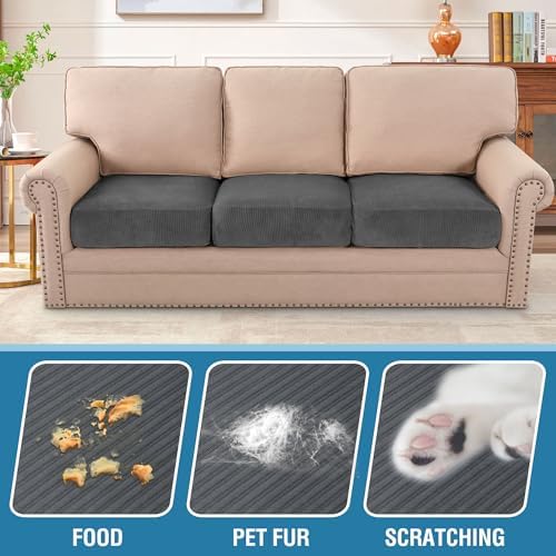 H.VERSAILTEX Velvet Stretch Couch Cushion Cover Plush Cushion Slipcover for Chair Loveseat Sofa Cushion Furniture Protector Seat Cushion Sofa Cover (3 Piece Sofa Cushion Covers, Grey Striped) - Image 3