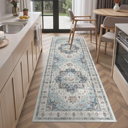 Madane Blue Runner Rug, 2x5, Low-Pile, Non-Slip, Washable, Stain Resistant, Retro, Machine-Made, Microfiber, Floral, Kitchen, Living Room, Bedroom, Laundry Room - Image 3
