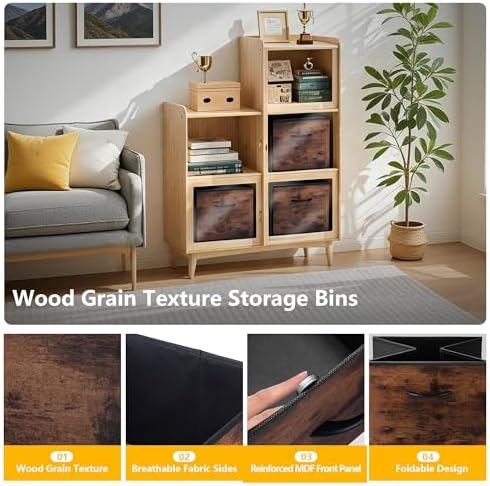 WUIKE 13-Inch Rust Brown Cube Storage Bins, Wood Print Front, 4-Pack - Image 3