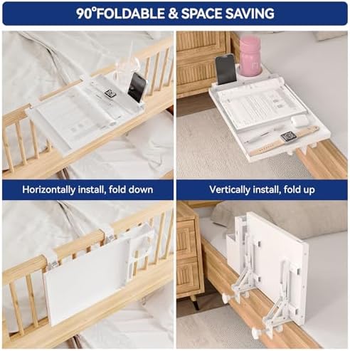 Metal Bedside Shelf Table Tray with Cup Holder, Foldable Bed Side Table for Bunk Bed & Top Bunk, College Dorm Room Essentials for Guys & Girls, Clip-on Laptop Nightstand for IKEA Beds, White - Image 3
