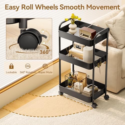 YASONIC 3-Tier Metal Rolling Cart Utility Carts with Wheels Black - Image 3