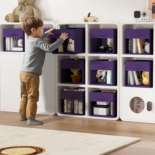 DIMJ Cube Bins, 12.2-Inch Storage Bins Cubes with Window, 6 Packs Collapsible Storage Bins with Handles, Closet Storage Baskets for Organizing Living Room, Office, 6 Pack,Purple - Image 4