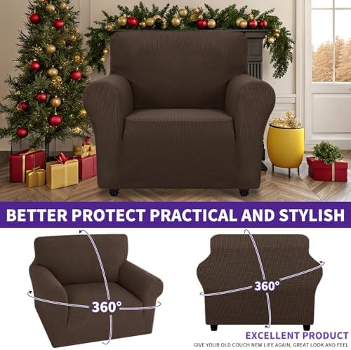 ZNSAYOTX Super Stretch Chair Slipcover Universal Sofa Chair Covers for Living Room Dogs Pet Furniture Protector Spandex Armchair Slipcovers with Anti Slip Foam Sticks (Coffee, Chair) - Image 2