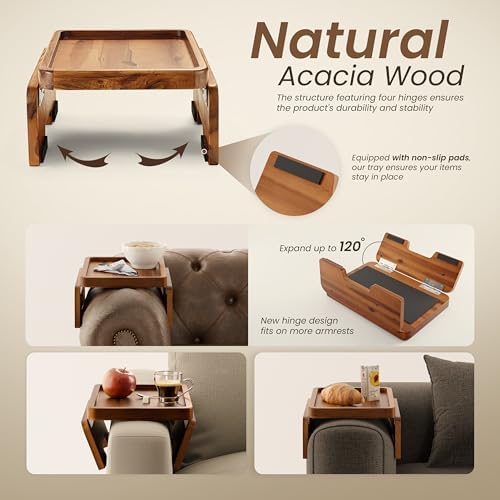HOLANA 13.75" Acacia Sofa Arm Tray Table, Double Hinge, Natural Wood Color - Image 3