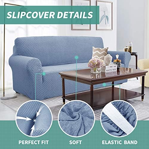 YEMYHOM Couch Cover Latest Jacquard Design High Stretch Sofa Covers for 2 Cushion Couch, Pet Dog Cat Proof Loveseat Slipcover Non Slip Magic Elastic Furniture Protector (Medium, Light Blue) - Image 3