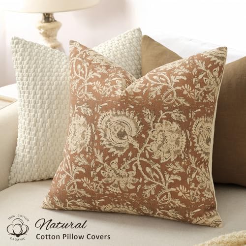 Vintage Floral Print Throw Pillow Covers 18x18 Set of 2 Neutral Modern Farmhouse Pillowcases Accent Decorative Cushion Covers Boho Home Decor for Couch Sofa Chair Bed Living Room, Cognac - Image 2