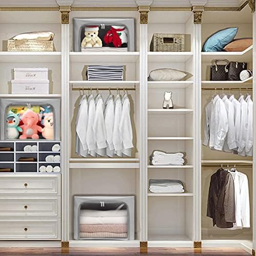Stackable Clothes Storage Box for Clothing Gadgets,Steel Frame Storage Bins for Toys Gift,Foldable Oxford Fabric Closet Organizer Bag Set w/ Carry Handles Clear Window (Medium- 40L x3 Pack, Grey) - Image 7