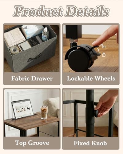 Faesun Swivel Lift Top Nightstand with Charging Station, Rolling Side Table for Recliner, Bedside Table with Wheels & a Fabric Drawer, for Small Spaces, for Bedroom, Living Room, Walnut Gray - Image 5