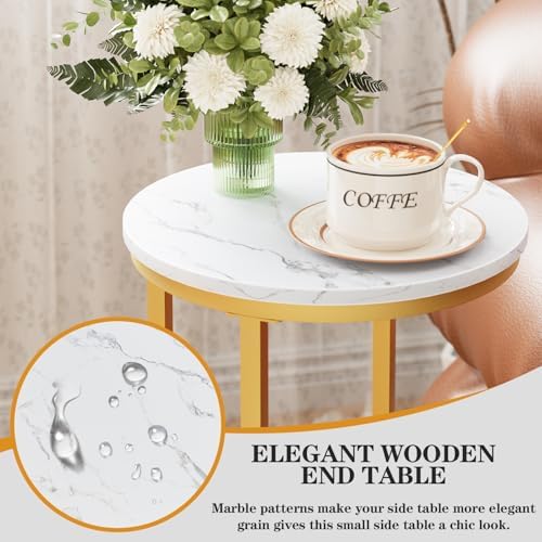 C Shaped end Table,Wood Round Side Table for Couch,Small Sofa Table with Metal Frame for Bedroom,Living Room,Bedside,Gold Color(11.81" D x 11.81" W x 23.62" H) - Image 4