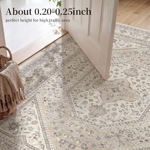 7x9 Washable Area Rug for Living Room - Non-Slip Vintage Rugs Beige Gray - Image 4