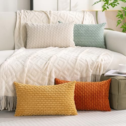 Set of 4 Yellow Rust Aqua Decorative Throw Pillow Covers 12x20 Inch Corduroy Pillow Covers for Bed Couch Sofa Living Room Soft Cushion Cases by Cozoomy