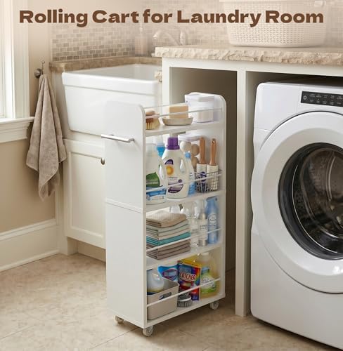 Slim Rolling Storage Cart,4 Tier White Rolling Utility Cart Slide Out Rack - Image 4