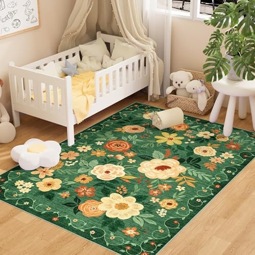 DUKINO 4x6 Area Rug, Floral Washable Office Chair Rug Non Slip, Dark Green by DUKINO