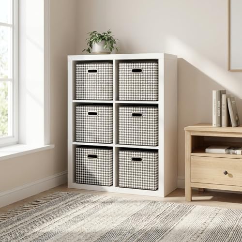 Household Essentials Foldable Fabric Storage Cubes 6-Pack – 11x11x11 Stackable Non-Woven Bins with Chipboard Sides & Grommet Handles – Closet, Shelf, Nursery, or Office Organizer – Houndstooth - Image 6